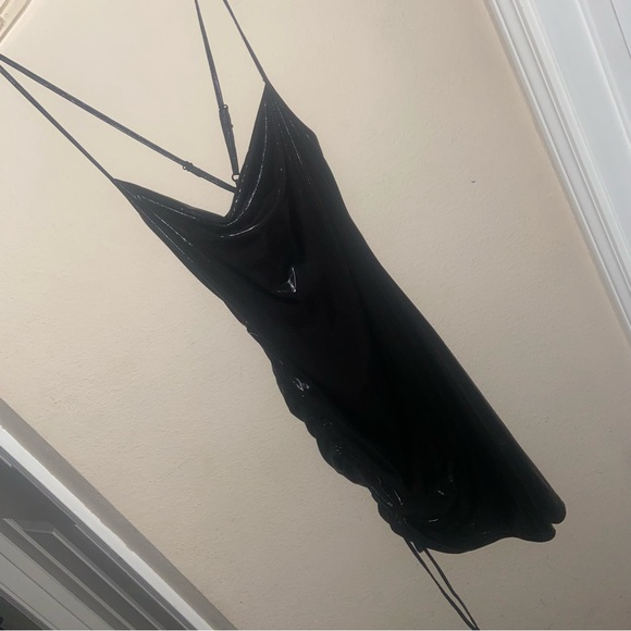 Like New Metallic Black Draped Cowl Neck Bodycon Mini Dress XS - Picture 3 of 4